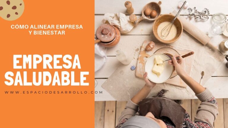 Cartel sobre Empresa Saludable: plano cenital de mujer cocinando con rótulo "Empresa Saludable: como alinear empresa y bienestar"