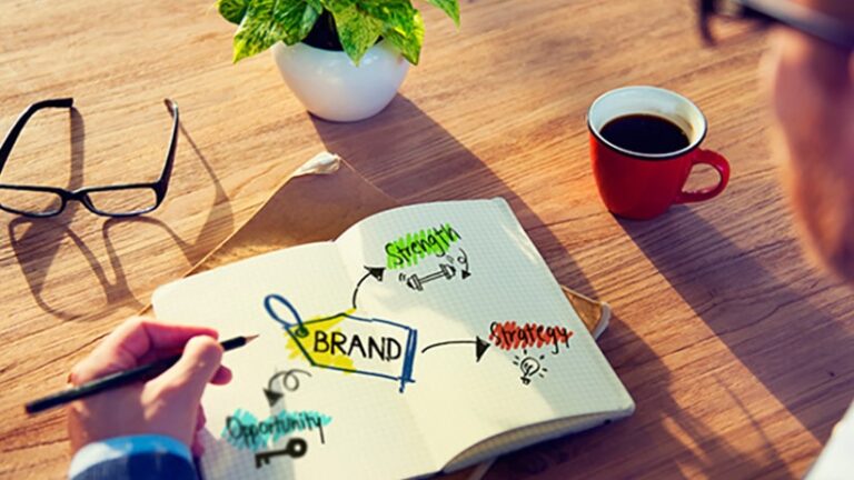 Hombre comando café y anotando en un cuadernos ideas sobre Brand: strategy, stength, opportunity...